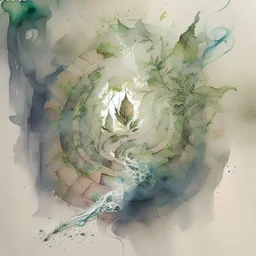 Create a sketch composition featuring smoke trails swirling in the shape of a labyrinth, while crushed weed leaves form the walls and pathways, inviting viewers to embark on a visual journey of self-discovery. water colour