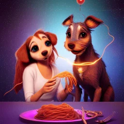 the lady and the tramp eating spaghetti, cinematic, epic glowing galaxy background, deep depth of field, 3D, constellation map, 16k resolution photorealistic, bokeh, a masterpiece by Alberto Seveso, breathtaking intricate details, realistic and lifelike cgi diorama, dramatic natural lighting, reflective catchlights, high quality CGI VFX fine art