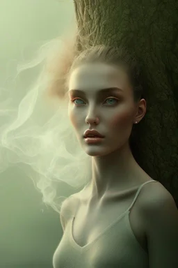 portrait photography of an ethereal beauty, 8K, oak tree roots, a woman's head, sunny, mist, smoke