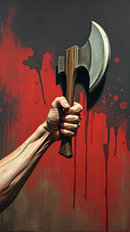Bosch style painting , A 3D evil hand holding an axe out away from a red and black bloody wall trying to hit you