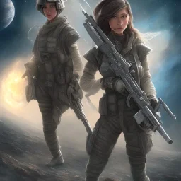 A girl with a beautiful and large military rifle in the galactic space