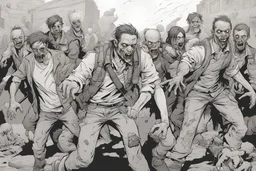 a group of survivors fighting zombies, comic book, post-apocalypse, patchwork of zombies