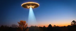 flying saucer in autumn evening shooting a cone of light upwards