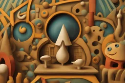 closeup of a paper Mache diorama of a paper Mache diorama of a whimsical hand painted illustration of an Escher majestic ghdftrhrty trtygfhfghrt high resolution, fine detailed textures in the mix style of Gabriel Pacheco - Naoto Hattori - Joan Miró