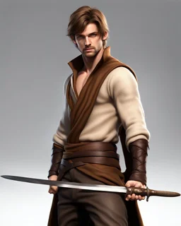 wide fantasy young noble swordman short brown hair photorealistic