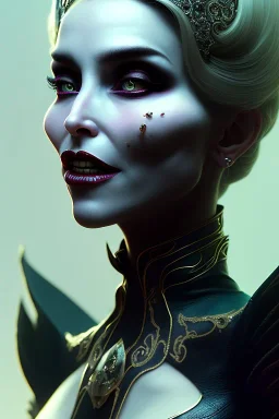 Constance Langdon as evil queen in black leather, leather, busty, cleavage, angry, stern look. character design by cory loftis, fenghua zhong, ryohei hase, ismail inceoglu and ruan jia. unreal engine 5, artistic lighting, highly detailed, photorealistic, fantasy