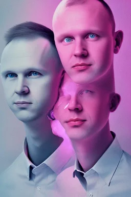 Portrait of Daniel Ek and Matti Nykänen. colorful. pink.