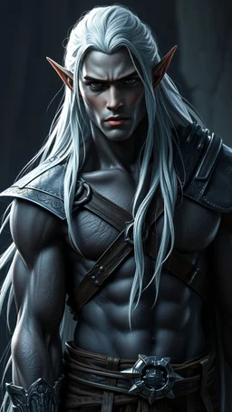 Male elf, muscular warrior, dark grey skin, long white hair. Sci-fi Fantasy. Photorealistic