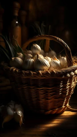 a basket full of Garlic, 8k artistic photography, photorealistic concept art, soft natural volumetric cinematic perfect light, chiaroscuro, award-winning photograph, masterpiece, oil on canvas, Raphael, Caravaggio’s, Greg Rutkowski, people, beksinski, Giger