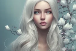 femme long cheveux blond blancs grands yeux bleus , 8k resolution, flower magnolia lotus rose, beautiful portrait, 8k resolution, flower head and body, beautiful star souriante+++