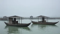 Dos pequeñs barcazas reposan sobre un mar tranquilo, en el fondo palafitos entre la niebla