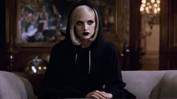 [Legend (1985)] Twiggy's Sleek Crop as Dahlia Death, she is a pale brunette with black lipstick clad in a dark agent provocateur dress with a hoodie and a scythe. She sits on a sofa in a dark mansion