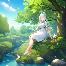 very gorgeous anime girl dressed in white dress, very detailed, trees, birds flying, green trees, creek meditating, eyes closed, sitting on a rock