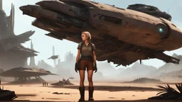 Concept art. Medium shot. skinny 50-year-old woman in brown shorts, shirt, and boots, standing next to a Vulture Droid cargo spaceship, sitting in a derelict alien jungle town. Best quality.