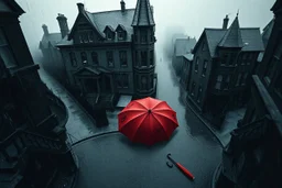 top-down view of a grayscale wet city street with old tall haunted houses, rain, one little red umbrella lying prone on the street, rain, surreal style, dark mood