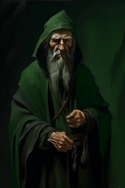 1970's dark fantasy cover dnd style oil painting of an old herbalist hobo like hero using a dark green cloack with sport outfits with minimalist duotone black far perspective.