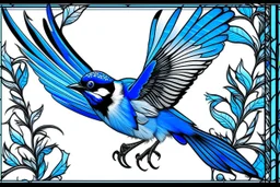 vitrail d'un geai bleu ailes déployées art décostyle japonais d'après mucha
