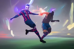 Oil painting, full body of a soccer player, he is kicking the ball, the ball is flying, bright but not neon colours, dynamic lines, dynamic blobs, spots, lines in the background of the character, splash like a colour explosion