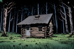 marvel comic book style, small abandoned hunter's log cabin in a dark forest, overgrown, derelict, zombie apocalypse setting