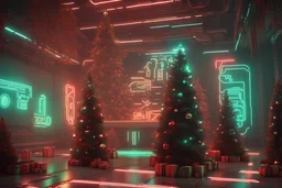 (ivory, black, gold, green, red) Cyberpunk Christmas 3D illustration of beautiful science fiction, Cyberpunk glow glowing gifts and New Year elements illustration neon artificial technology beauty cyber, smooth 3D digital art, exquisite 3D rendering, 4K, blender, c4d, octane rendering, 3D Disney style lighting, Zbrush sculpting, highly detailed realistic fabric, concept art, high detail Zbrush, Pinterest Creature Zbrush HD sculpture, neutral ligh