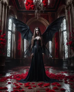 Facing front photography realistic Full body,creepy Vampire ghost woman long hair straddle wings bat she on standing on creepy,in mystery palace vampire,red roses flowers sorrounded background,dramatic angle, extreme angle shot, trypophobia, horror