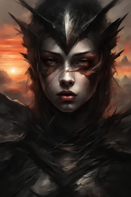 A formidable warrior girl in black armor, against the background of an amazing gloomy landscape flooded with sunset, mountains, trees, a fabulous scary hero, juicy emotions, painting, gloomy fantasy, gloomy day, dark world, portrait, oil and graphite, wide strokes, a weaving frame around, by Ryohei Hase, Agnes Cecile, Raymond Swanland, Anne Bachelier