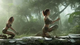 futuristic woman kneeling next to a large spaceship, fixing equipment, in a jungle clearing