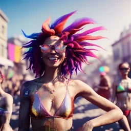 Ultra Realistic photo, medium shot view, drunken dancer bikini woman, carnival scene, monster hair, steampunk. Red hair, confeti, Sunglasses, smile, happy, festival, ovnis, gradient color fog. highly detailed, concept art, unreal engine 5, ray tracing, RTX, lumen lighting, ultra detail, volumetric lighting, 3d, finely drawn, high definition, high resolution.