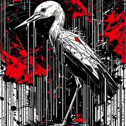 nightmare stork collage art, horror neo surrealism, splash art, concept art, by Derek Gores, by Zdzislaw Beksinski, artistic, bar code style, red color pop