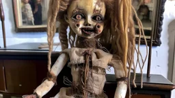 creepy evil ritual doll made of hair from the floor of a barbershop