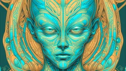 alien art and illustration, in the style of balanced symmetry, light orange and cyan, detailed facial features, meticulous portraiture, complex patterns