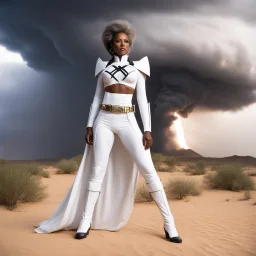 [high res photo by James Van Der Zee] a 60 years old version of Storm in the desert, the Marvel X-men super heroine in her iconic white X-men outfit with the X on her belt standing, focus on her powers: a tornado starts