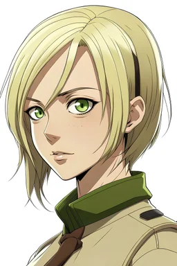 Draw a character from attack on titan, a woman in her early thirties with short dark blonde hair and green eyes