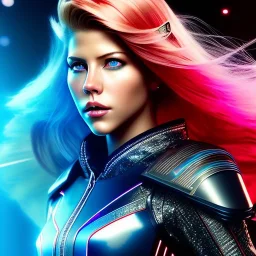 Katheryn Winnick, Cyborg anime warrior, cyberpunk, light red blue short hair, pixie hairstyle, cobalt eyes, waist up portrait, 8k resolution, retroanime, intricate details, neon details, soft lighting, vibrant colors, masterpiece, intricate eyeliner, dark eyeshadow, eyes, intricate tattoos, gradient background