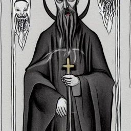 Nosferatu with tentacle beard grey skin and vampire fangs as a Russian Orthodox bishop