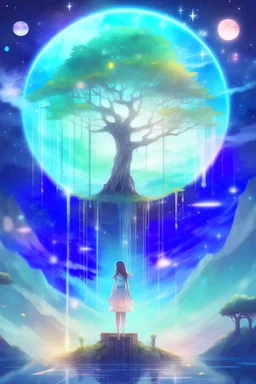 Girl tree. Standing on a ground of ornate glass and patterned glass trees. And a sky colored with stars and planets. And a star portal in the sky, inside which is a world with futuristic buildings and waterfalls.