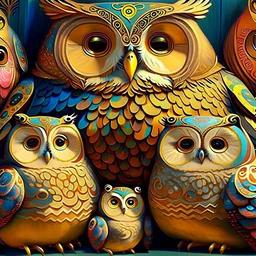 Family of cute and chubby owls multicolored by Fernando Botero and Jacek Yerka , sf, intricate artwork masterpiece, ominous, matte painting movie poster, golden ratio, trending on cgsociety, intricate, epic, trending on artstation, by artgerm, h. r. giger and beksinski, highly detailed, vibrant, production cinematic character render, ultra