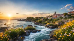 desktop wallpaper ,Turkey istanbul kus adasi,country side wavy rocky river ,wild flowers,blue sky nice clouds,golden hour