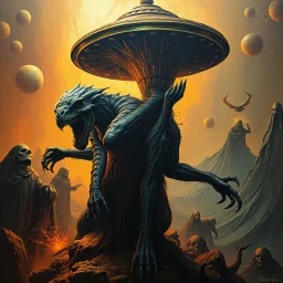 a high definition screen shot of a ancient comic book cover detailing the creatures found on other worlds, retrofuturistic, phototrealism, Macabre Rapture End of days Revelation scene, isanely detailed matte oil painting, sinner apotheosis,diagonal composition, unbalanced, abstract surreal horror, eerie, scary warm colors, Eldritch, JonKnockTurnal 2999 ufo, bilaterally