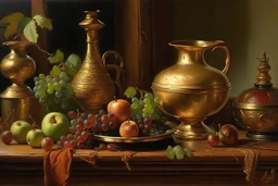 Peder Monk Monsted style, still life, copper jug, candle holder, grapes, apple,