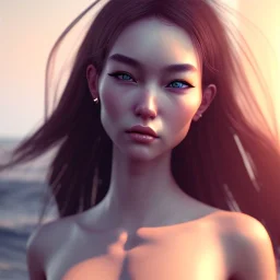 Asian women on the beach hot day atmospheric, realistic, unreal engine, lighting, octane render, perfect face, lips full