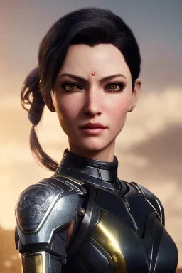 Middle age female Cyborg anime warrior, gold eyes, gray hair with dark blue hair, messy ponytail hairstyle, slight skin wrinkles, waist up portrait,4k resolution, intricate details, ornate details, soft lighting, vibrant colors, retroanime, masterpiece, intricate eyeliner, dark eyeshadow, futuristic cityscape background