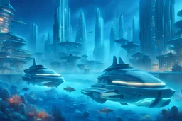 an image of the underwater city of atlantis at night, tall futuristic buildings in the background, advanced aquatic vehicles swimming along bioluminescent fish in the foreground, surreal, extremely detailed, 8k