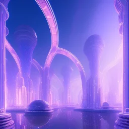 A very beautiful futuristic city, arches, elegant, small crystal edifices, atmospheric, realistic, cinematic lighting, pink blue light, 8k, galactic atmosphere, flowers