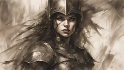 A stern girl warrior, against the background of the enemy army, horror and fear, black pencil, oil, Raymond Swanland