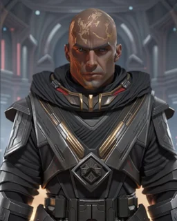 star wars bald male corellian jedi wearing gunmetal grey and black old republic armored flightsuit with gold and metallic red trim inside the jedi temple, centered head and shoulders portrait, hyperdetailed, dynamic lighting, hyperdetailed background, 8k resolution, volumetric lighting, light skin, fully symmetric details