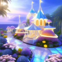 landscape of summer tropical ambient beutiful villa white gold and neon lights bright and colorful bright gloss effect of a futuristic house,like spaceship, natural round shapes concept, large transparent view of the open outdoor garden,sea beach at sunset, gold crystals,with light pink, flowers of Lotus, beutiful pools, light of sun , palmiers,cerisiers en fleurs, wisteria, sun , stars, small waterfalls