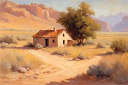 sunny day, rocks, mountains, countryside, dirt road, adobe house, sci-fi, friedrich eckenfelder and henry luyten impressionism paintings