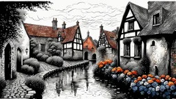 The ink was art, black and white colors with brick, red, brown, blue, gray and orange watercolors, splash art, old vintage English village in summer rain, cobblestone street, bushes, trees, flowers, the passing of time, the atmosphere of the good old days hovering over the village, calm and quiet serene, dim lights, highly detailed, intricate, masterpiece