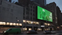 a billboard branded writing ODK , with neon light green and white , in the city center, at night . At Montréal